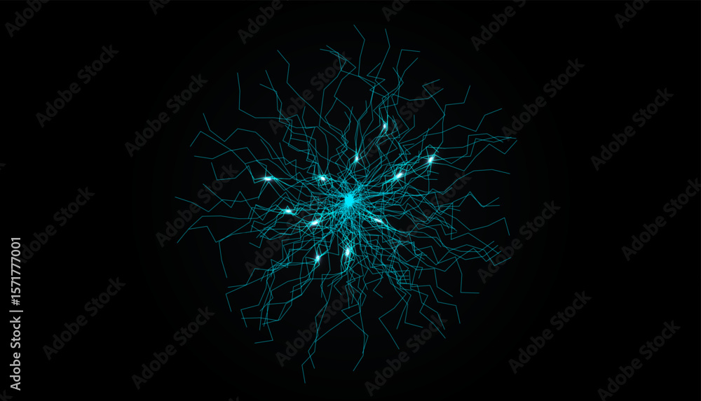 Poster neural network lines with signal glow points on black background. futuristic tech and brain-inspired