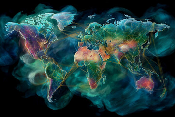 Obraz premium Abstract digital world map with colorful network connections representing global communication and data flow