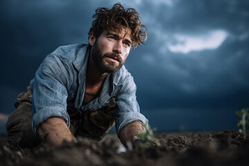 Focused young man planting seedlings in soil under a dramatic cloudy sky, showcasing dedication to farming and nature