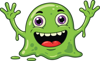 Happy green slime monster cartoon, cute alien creature with big eyes, smiling expression, perfect for kids graphics and playful designs