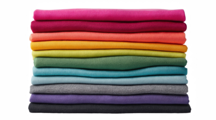 Stack of folded colorful fabrics arranged in a vibrant rainbow color gradient