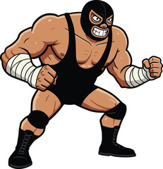 Strong Cartoon Wrestler in Black Mask and Outfit, Powerful Fighter Character in Fighting Stance, Wrestling Comic Style Illustration
