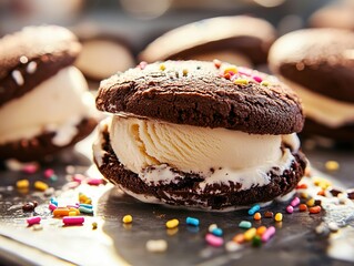 A close-up shot of a classic ice cream sandwich with rich chocolate cookies and creamy vanilla ice cream, melting slightly on a sunny summer day with colorful sprinkles scattered around. 