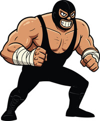 Strong Cartoon Wrestler in Black Mask and Outfit, Powerful Fighter Character in Fighting Stance, Wrestling Comic Style Illustration