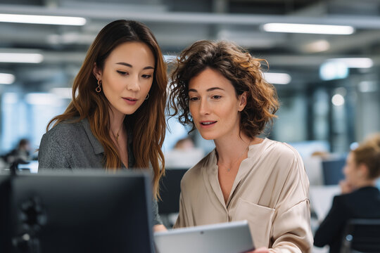 Two professional women collaborating and discussing work on digital devices in a modern open office environment