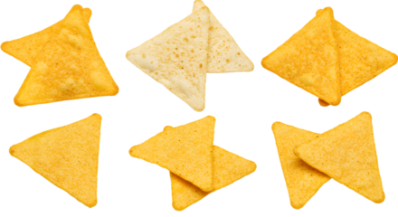 A vibrant assortment of tortilla chips arranged in a playful pattern, showcasing various textures and colors against a clean background