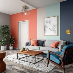 A color-blocked accent wall in a modern apartment sections of coral, mint, and navy 