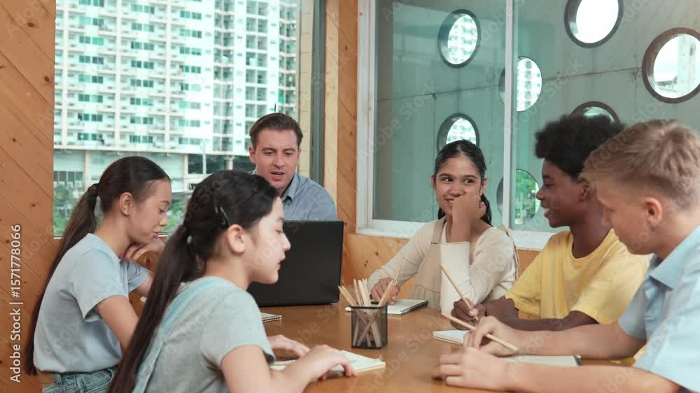 Poster caucasian teacher and smart boy discuss about project at classroom. professional instructor talking 