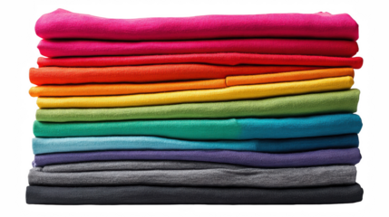 A neatly stacked pile of colorful folded clothes in a rainbow gradient order