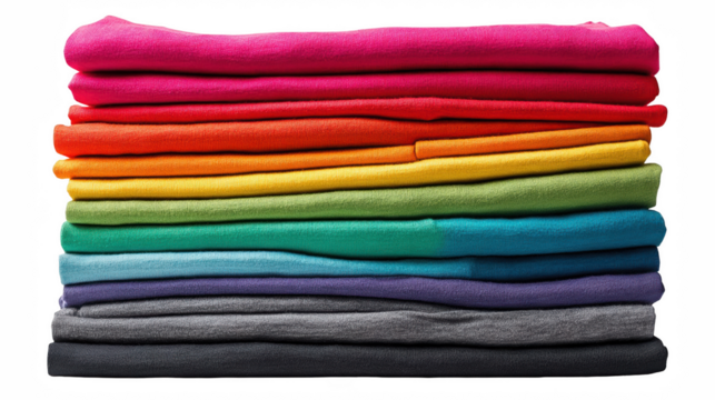 A neatly stacked pile of colorful folded clothes in a rainbow gradient order