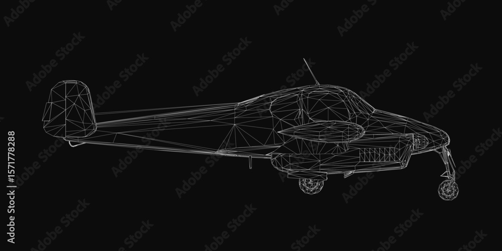 Poster a 3d wireframe model of a small airplane floats against a black background, showcasing realistic str