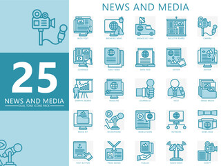 News and media dual tone icons set. contain blog, breaking news, broadcast van, host, headline, editor, camera, microphone, script and more. Vector for UI, UX kit, web and app journalism, broadcasting