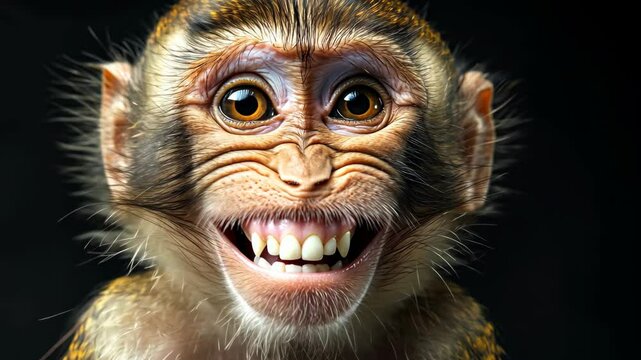 Close-up of a smiling monkey with bright eyes.