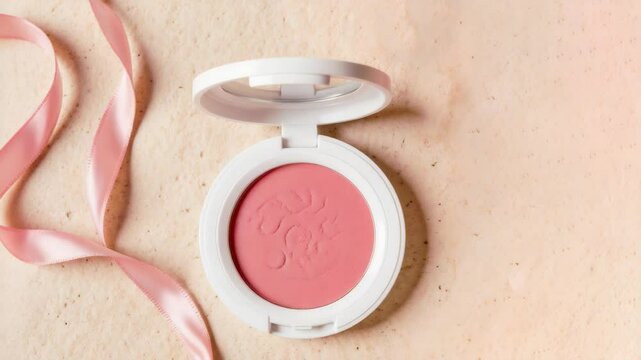 Open blush compact in white casing placed gently on skin. This soft blush image is ideal for skincare, beauty tutorials, or minimalist cosmetic product showcases focusing on natural tones.