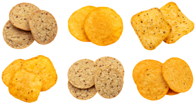 An assortment of round and square snacks displayed on a white background, showcasing various textures and colors