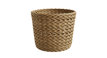 A woven natural fiber basket with a round shape, placed on a neutral background, ideal for home decor or storage solutions