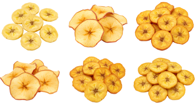 Assorted dried apple slices arranged in various piles on a white background, showcasing texture and color variations