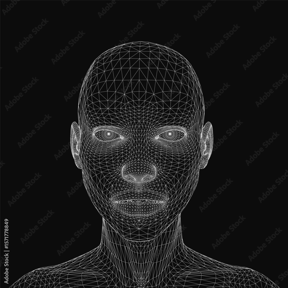 Poster a 3d wireframe of a female head displays intricate facial features with interconnected lines and geo