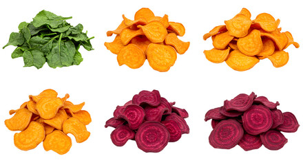 Colorful assortment of dried vegetable chips including spinach, sweet potato, and beetroot, arranged attractively for snacking