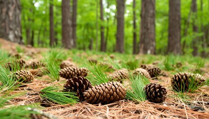 Pine cones on forest floor