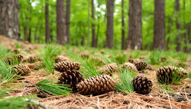 Pine cones on forest floor