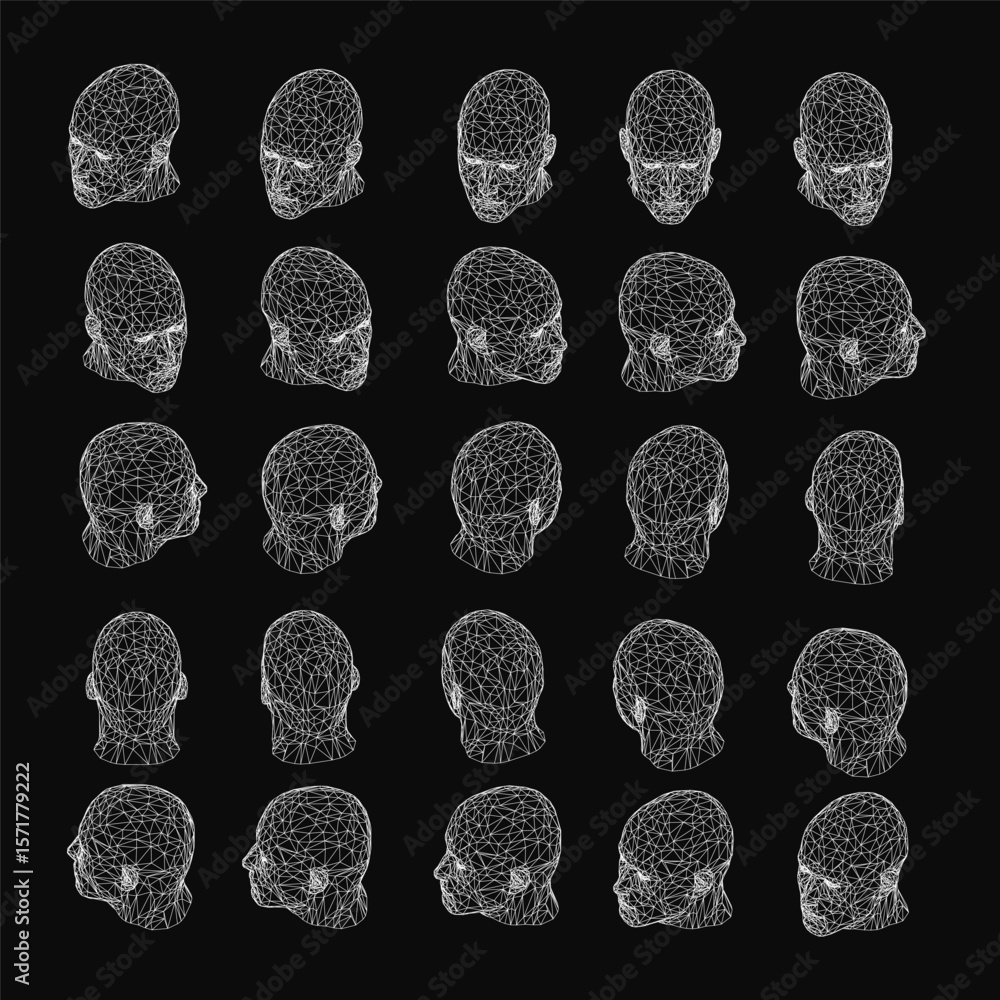 Poster white wireframe human heads arranged in a grid pattern on a black background. each head has a unique