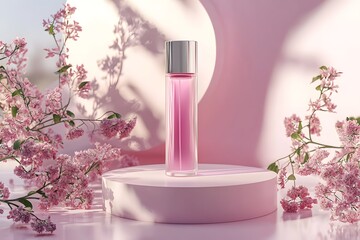 Elegant Pink Perfume Bottle on Pink Display with Blossoms