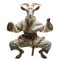 White goat in traditional martial arts stance wearing embroidered robe and belt