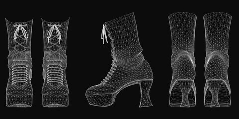 High heeled boots rendered as a 3D wireframe model on a black background. The detailed mesh structure creates a realistic and modern aesthetic. Perfect for fashion design concepts or digital art.