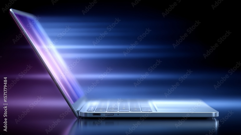 Aufkleber laptop is open on a table with a blue background. the laptop screen is lit up and the image is blurr