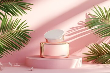 Luxury Skincare Product Presentation: Pink Aesthetic with Tropical Leaves