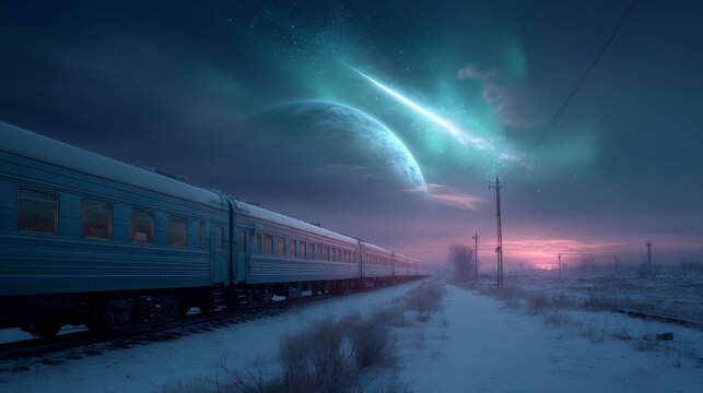 Train is traveling through a snowy landscape with a bright blue sky. The train is surrounded by a beautiful, colorful sky with a bright blue moon and a large planet. The scene is peaceful