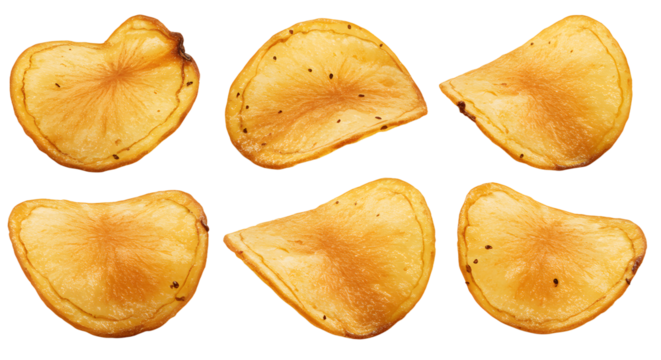 Close-up of crispy, golden-brown potato chips arranged in a circular pattern on a white background, ideal for snack promotions