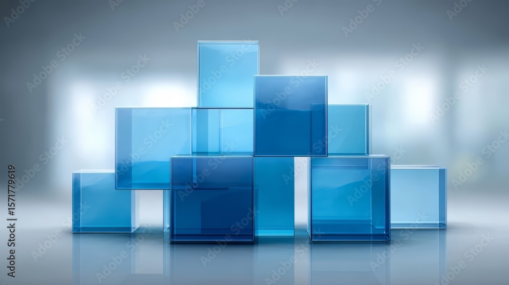 Poster stack of blue cubes with a white background. the cubes are arranged in a pyramid shape. concept of s