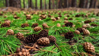 Pine cones scattered on forest floor (1)