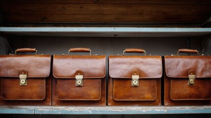 Brown leather briefcases on shelves