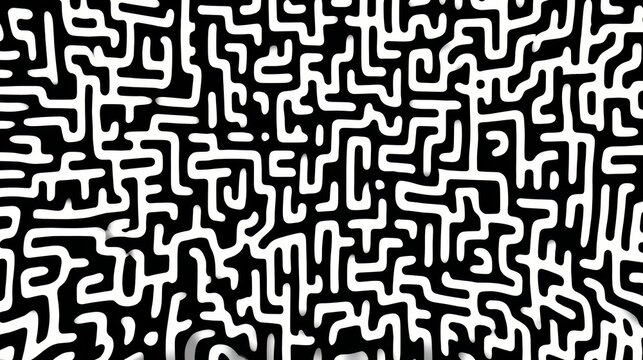 Maze of white lines and black squares. The maze is very intricate and has many twists and turns. The lines and squares are all different sizes and shapes, creating a sense of depth