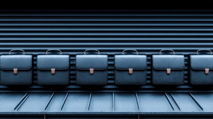 Row of dark briefcases against a corrugated metal wall