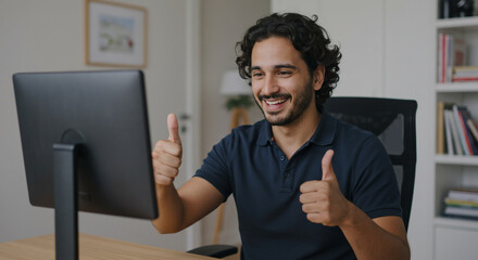 Man with curly hair giving thumbs up in front of a computer screen during a video call indoors