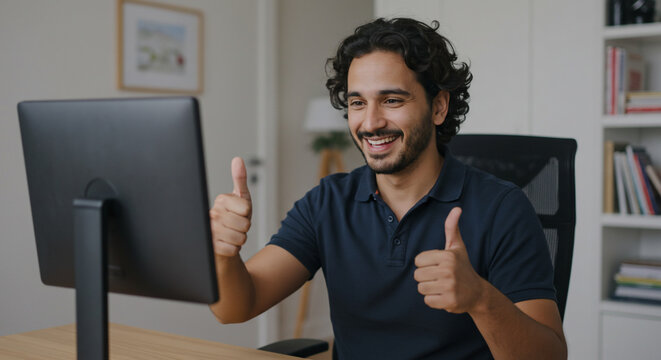 Man with curly hair giving thumbs up in front of a computer screen during a video call indoors