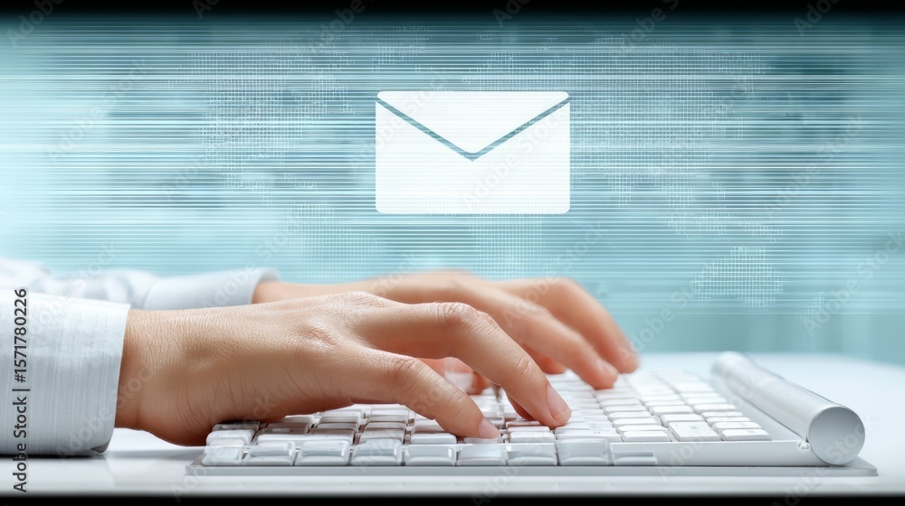 Aufkleber person is typing on a keyboard with an envelope icon in the background. concept of communication and