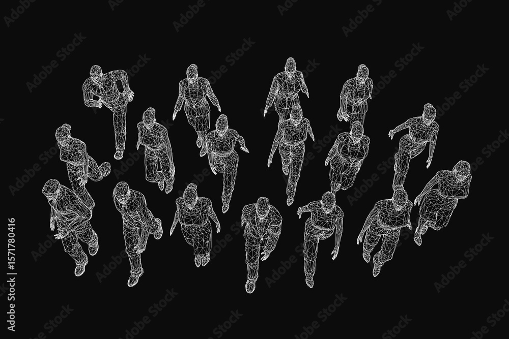 Poster a line of people running in motion on a black background creates a dynamic wireframe effect. the fig