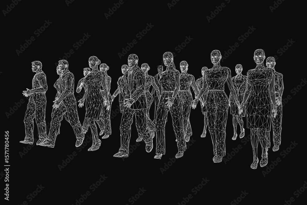 Poster a group of people walking in a line on a black background, depicted in wireframe style for a modern 