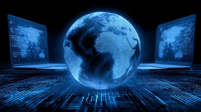 Blue globe is displayed on a computer screen with two laptops. The globe is surrounded by a blue background and the laptops are positioned on either side of it