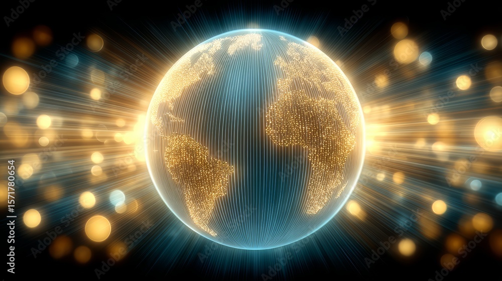 Poster glowing globe with a blue and yellow surface. the globe is surrounded by a bright light that creates