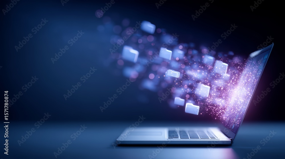 Poster laptop screen shows a file transfer with many files flying out of the screen. concept of technology 