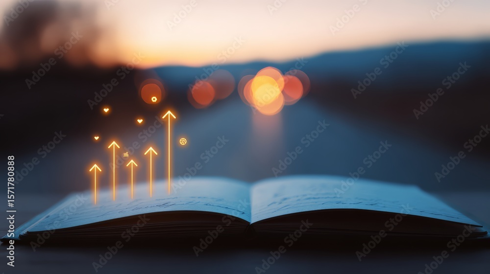 Aufkleber book is open to a page with a series of arrows pointing upwards. the book is on a table and the sky 