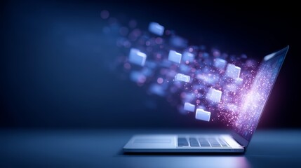 Laptop screen shows a file transfer with many files flying out of the screen. Concept of technology and productivity, as well as the idea of information being shared and transferred