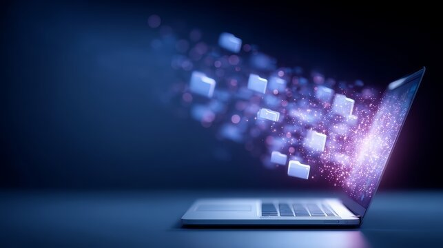 Laptop screen shows a file transfer with many files flying out of the screen. Concept of technology and productivity, as well as the idea of information being shared and transferred