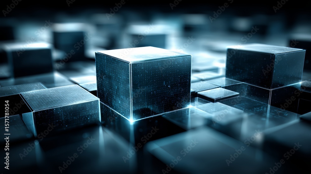 Poster close up of a blue cube with a white dot in the middle. the cube is surrounded by other cubes, creat